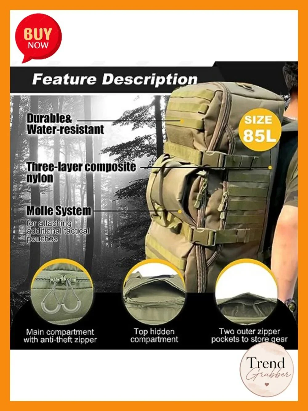 3-in-1 Military Backpack Travel Duffel 85L Nylon Weekender Gym Bag